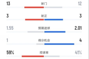 切尔西1-3布莱顿全场数据：射门13-12，射正3-3，控球率59%-41%